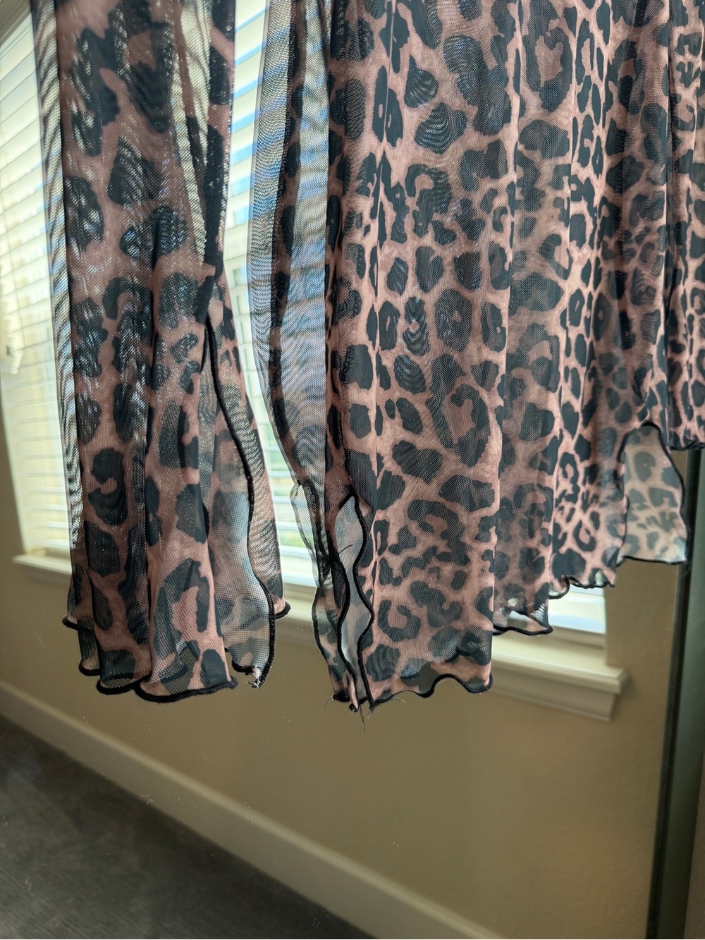 Y2K Sheer Leopard Mesh Overlay Mini Dress with Flare Bell Sleeves - Picture 3 of 6